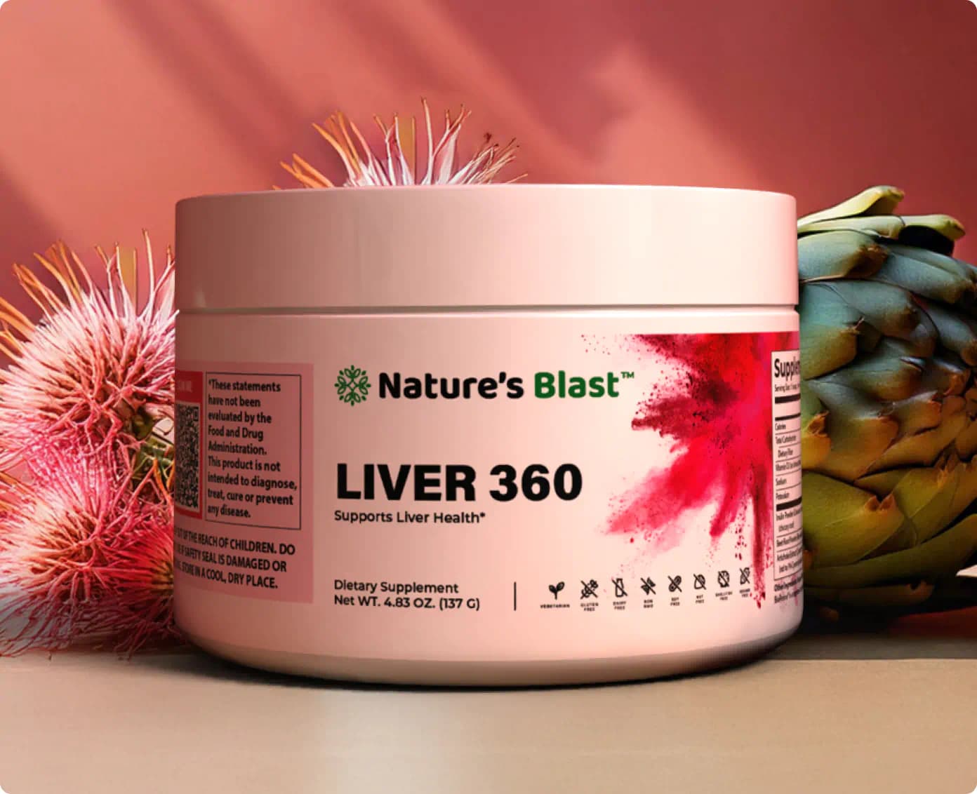Nature's Blast liver detox supplement Liver 360 jar with natural detox ingredients in background.