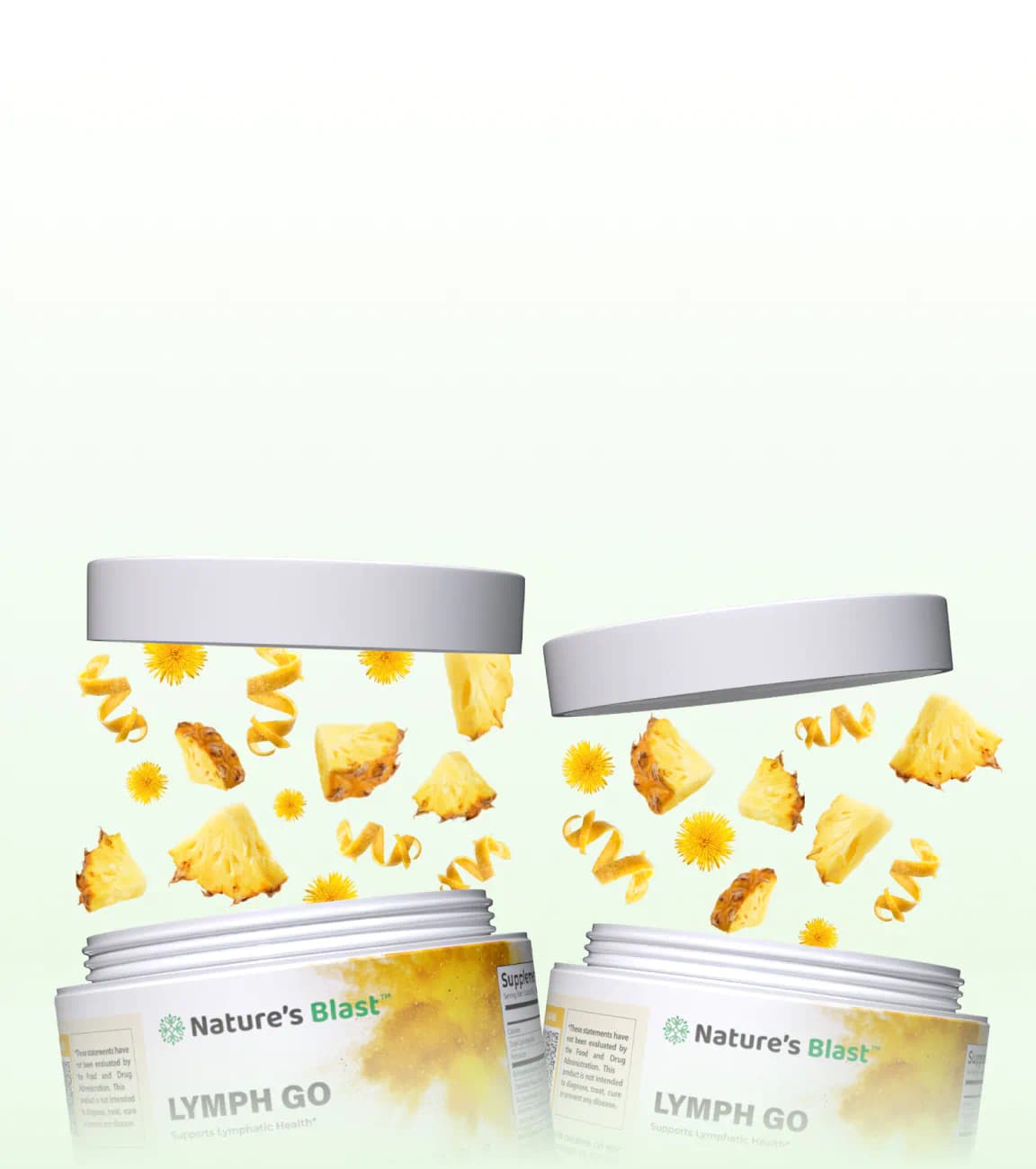 Open jars of lymphatic drainage supplements with pineapple, dandelion and