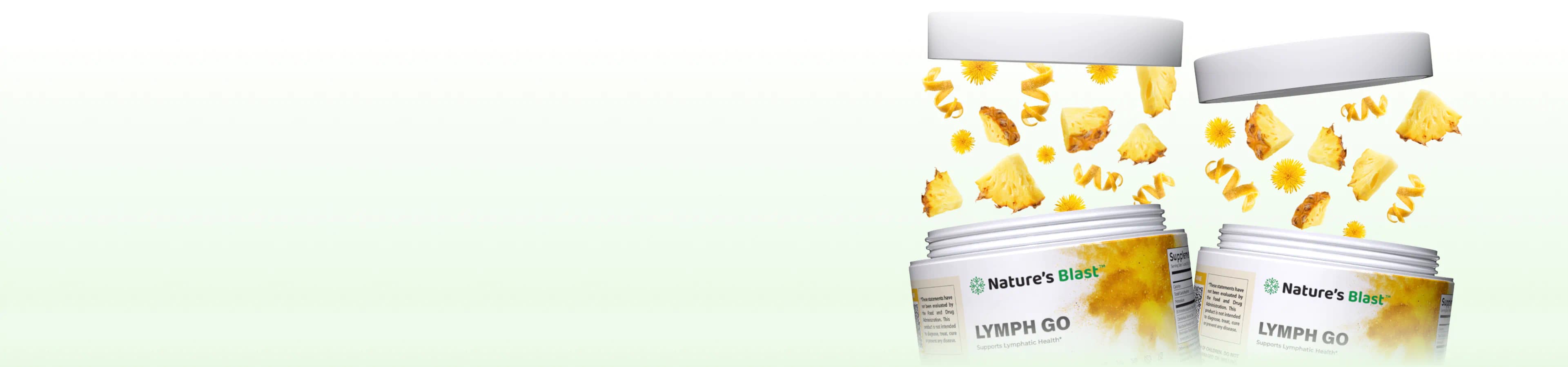 Open jars of lymphatic drainage supplements with pineapple, dandelion and